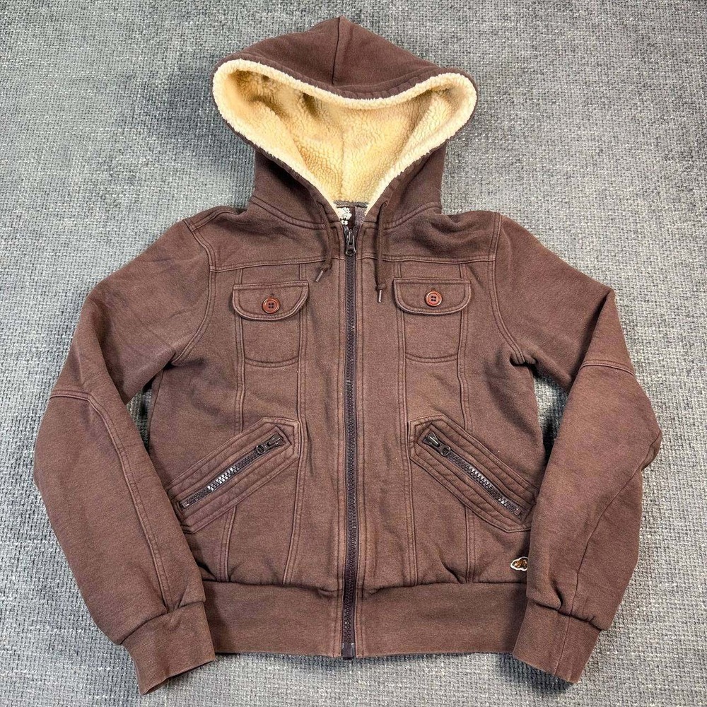 Roots Sherpa Lined Full Zip Hoodie Womens Medium Brown Utility Jacket Y2K
